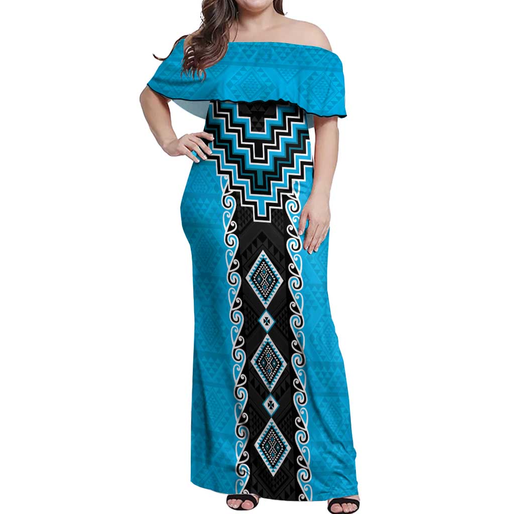 Sky Blue Niho Taniwha Mix Poutama Off Shoulder Maxi Dress Unique Taniko Aotearoa LT01 Women Sky Blue - Polynesian Pride