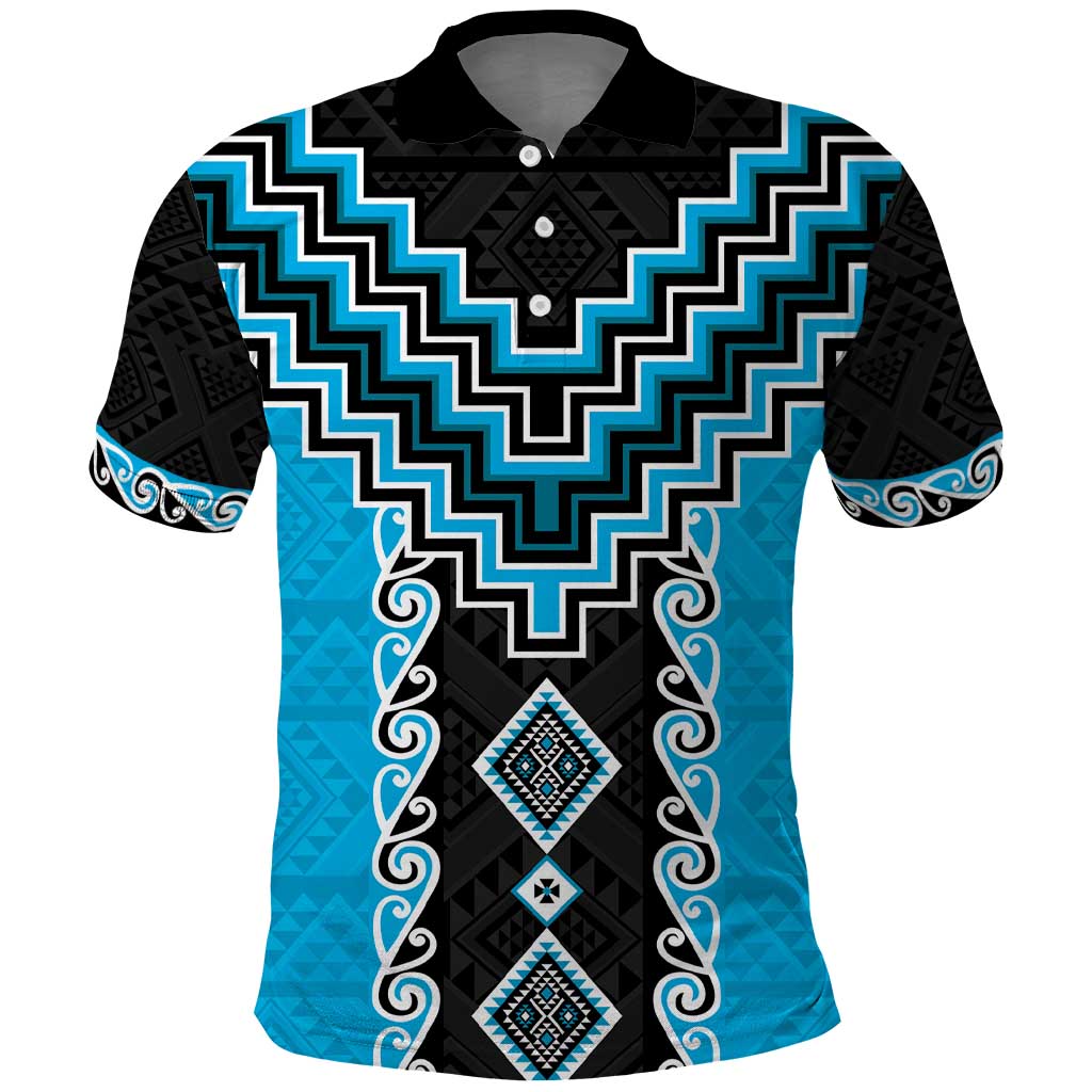 Sky Blue Niho Taniwha Mix Poutama Polo Shirt Unique Taniko Aotearoa