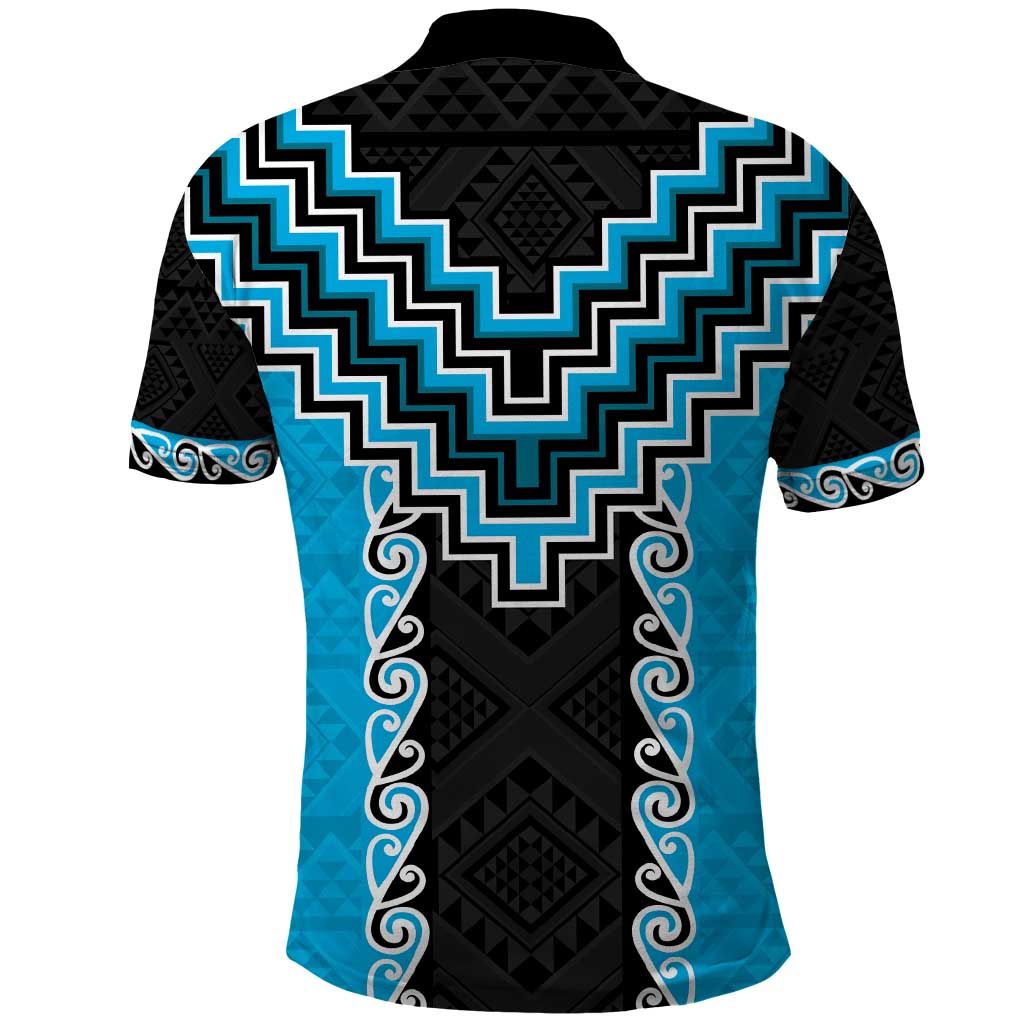Sky Blue Niho Taniwha Mix Poutama Polo Shirt Unique Taniko Aotearoa