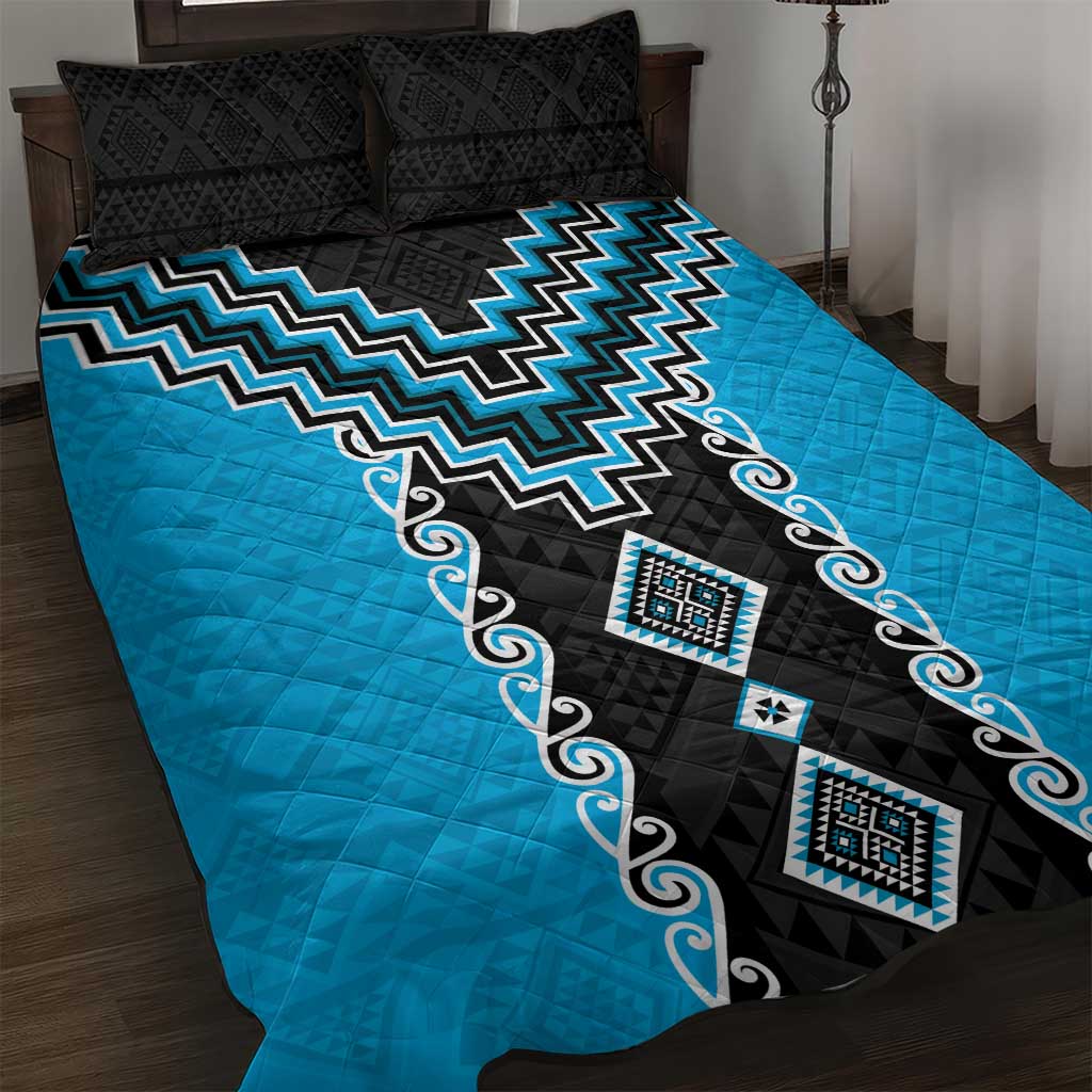 Sky Blue Niho Taniwha Mix Poutama Quilt Bed Set Unique Taniko Aotearoa