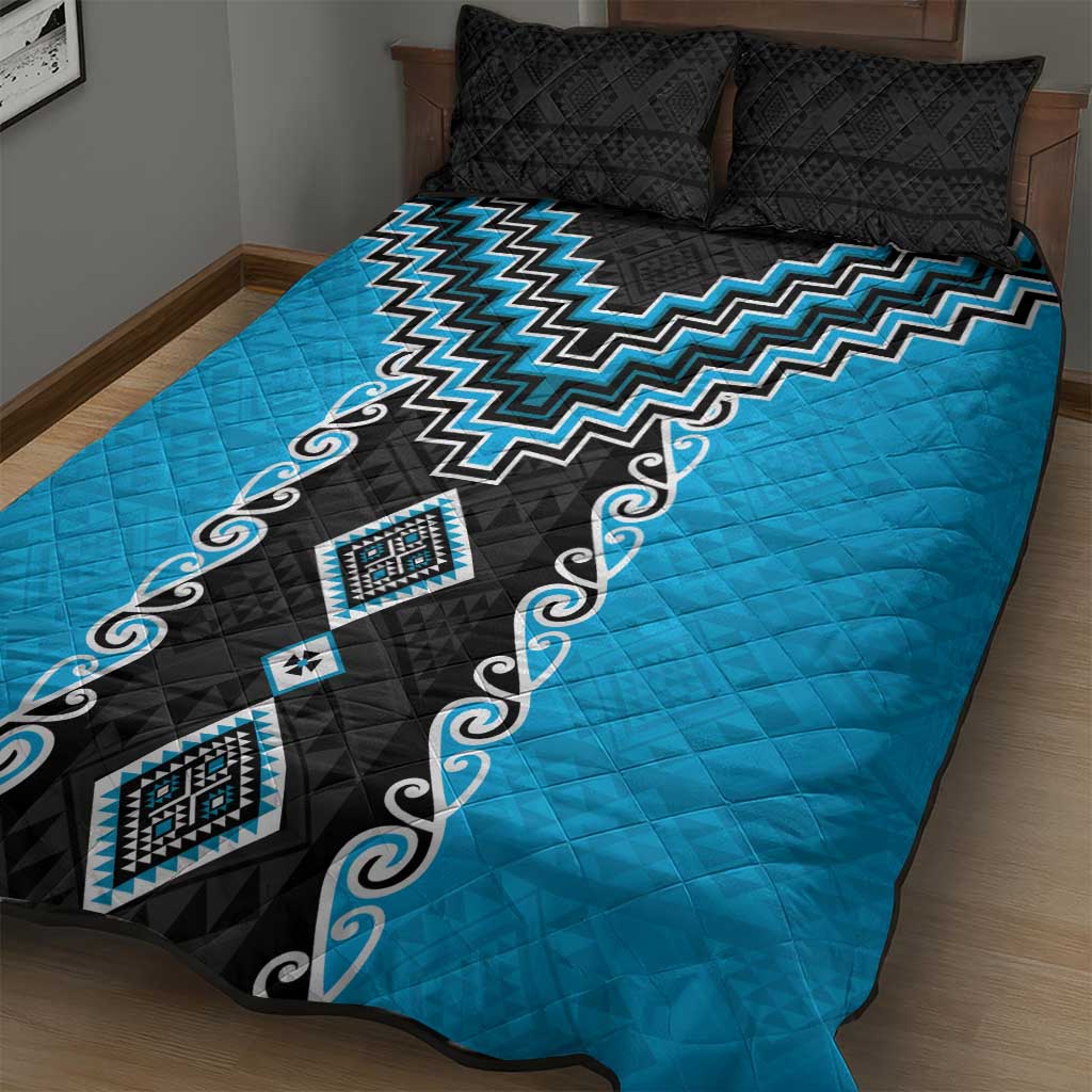 Sky Blue Niho Taniwha Mix Poutama Quilt Bed Set Unique Taniko Aotearoa LT01 - Polynesian Pride