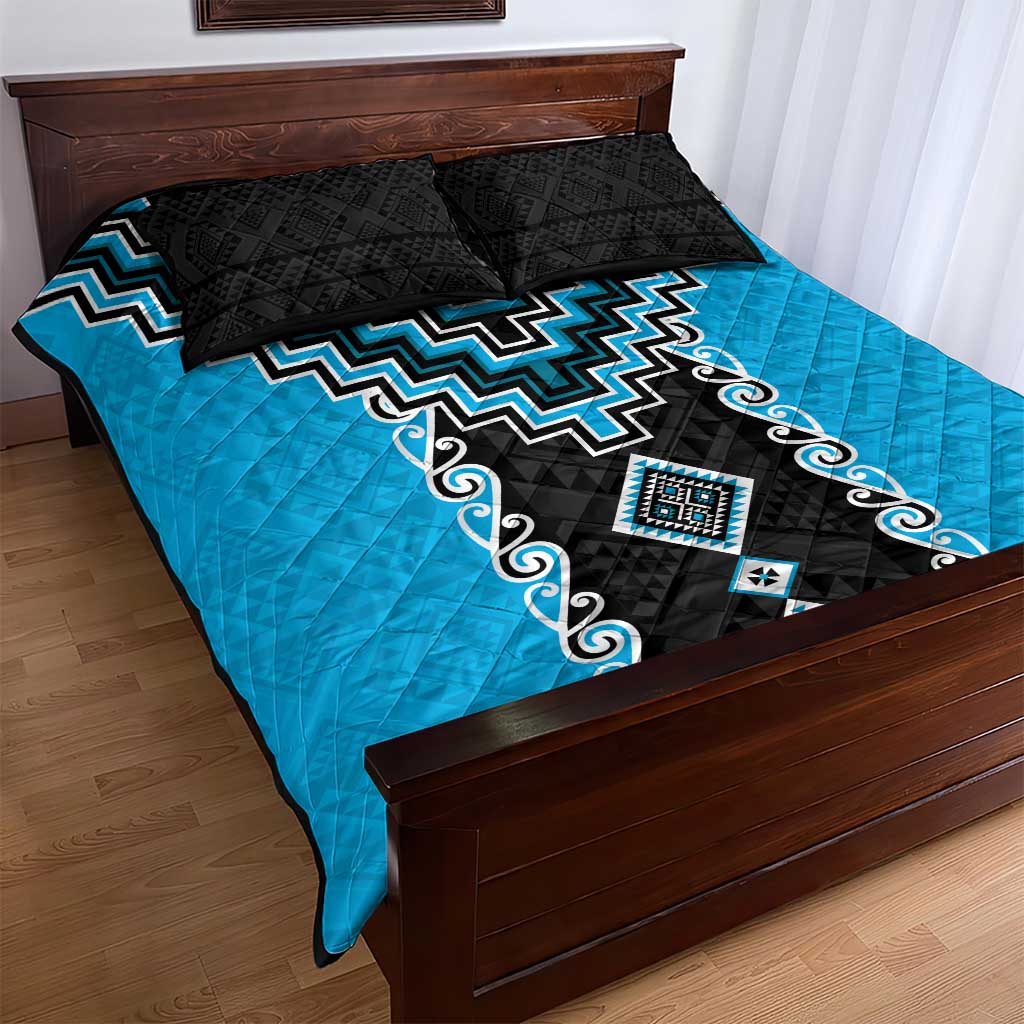 Sky Blue Niho Taniwha Mix Poutama Quilt Bed Set Unique Taniko Aotearoa LT01 - Polynesian Pride