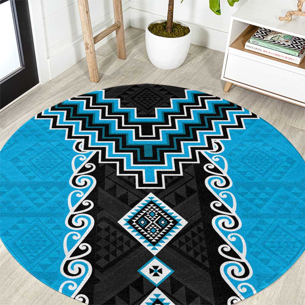 Sky Blue Niho Taniwha Mix Poutama Round Carpet Unique Taniko Aotearoa