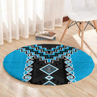 Sky Blue Niho Taniwha Mix Poutama Round Carpet Unique Taniko Aotearoa