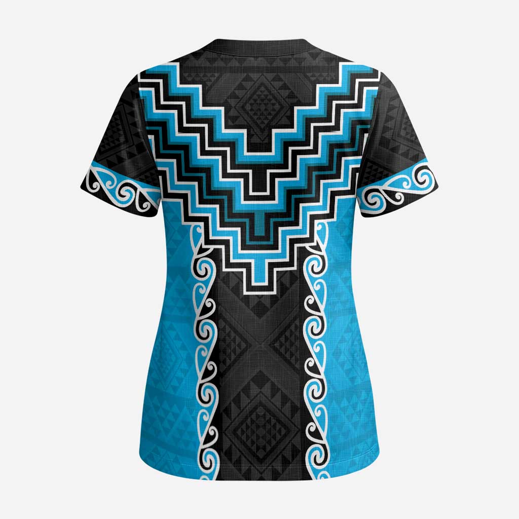 Sky Blue Niho Taniwha Mix Poutama Scrub Top Unique Taniko Aotearoa LT01 - Polynesian Pride