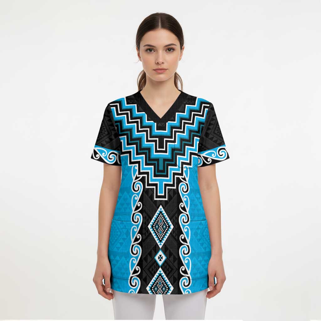 Sky Blue Niho Taniwha Mix Poutama Scrub Top Unique Taniko Aotearoa LT01 - Polynesian Pride