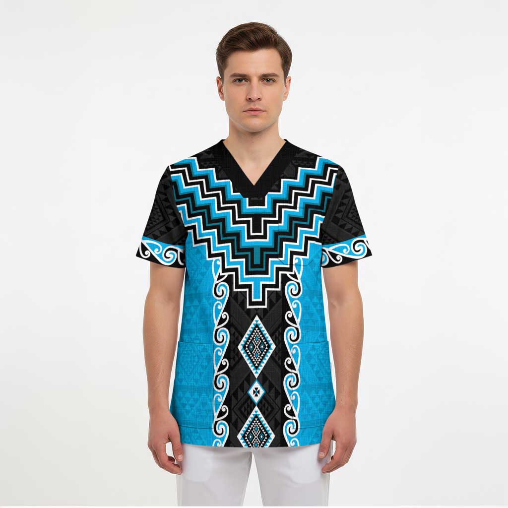 Sky Blue Niho Taniwha Mix Poutama Scrub Top Unique Taniko Aotearoa LT01 - Polynesian Pride