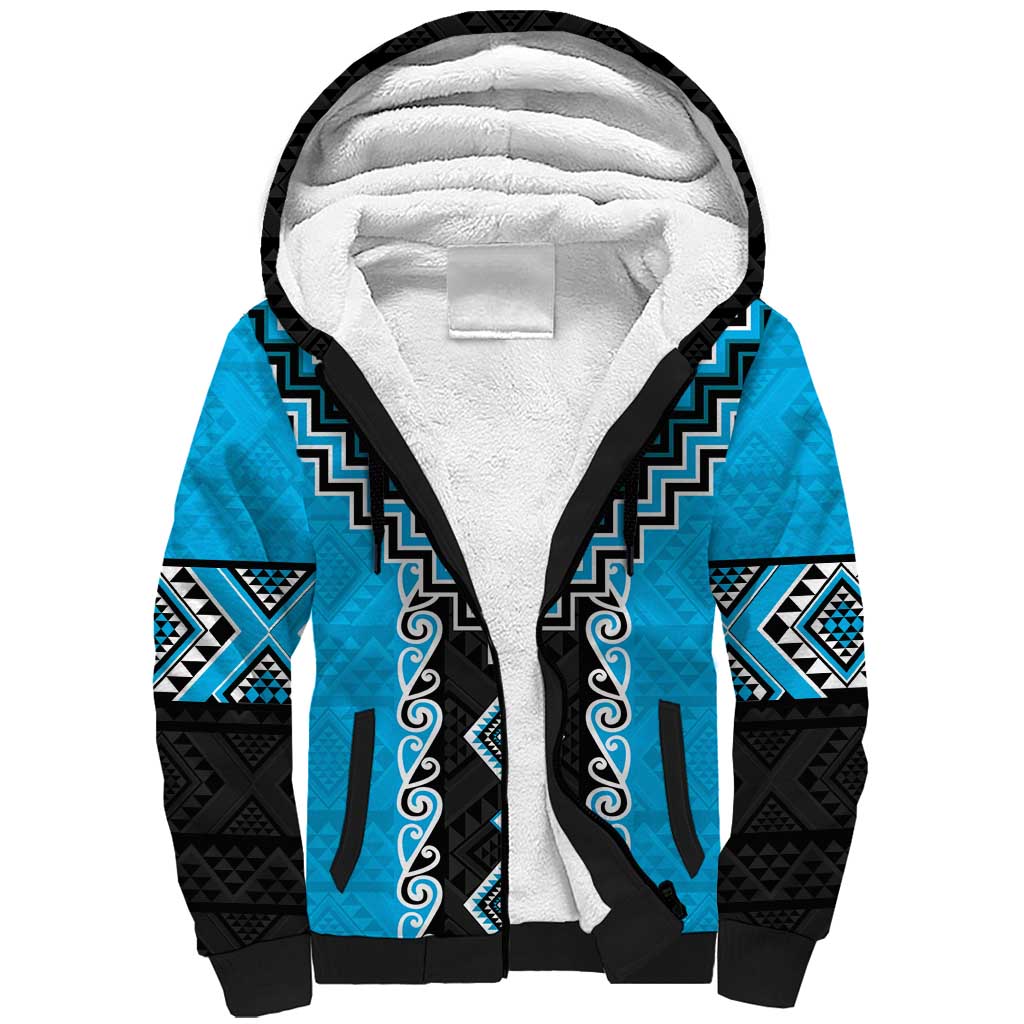 Sky Blue Niho Taniwha Mix Poutama Sherpa Hoodie Unique Taniko Aotearoa LT01 Unisex Sky Blue - Polynesian Pride