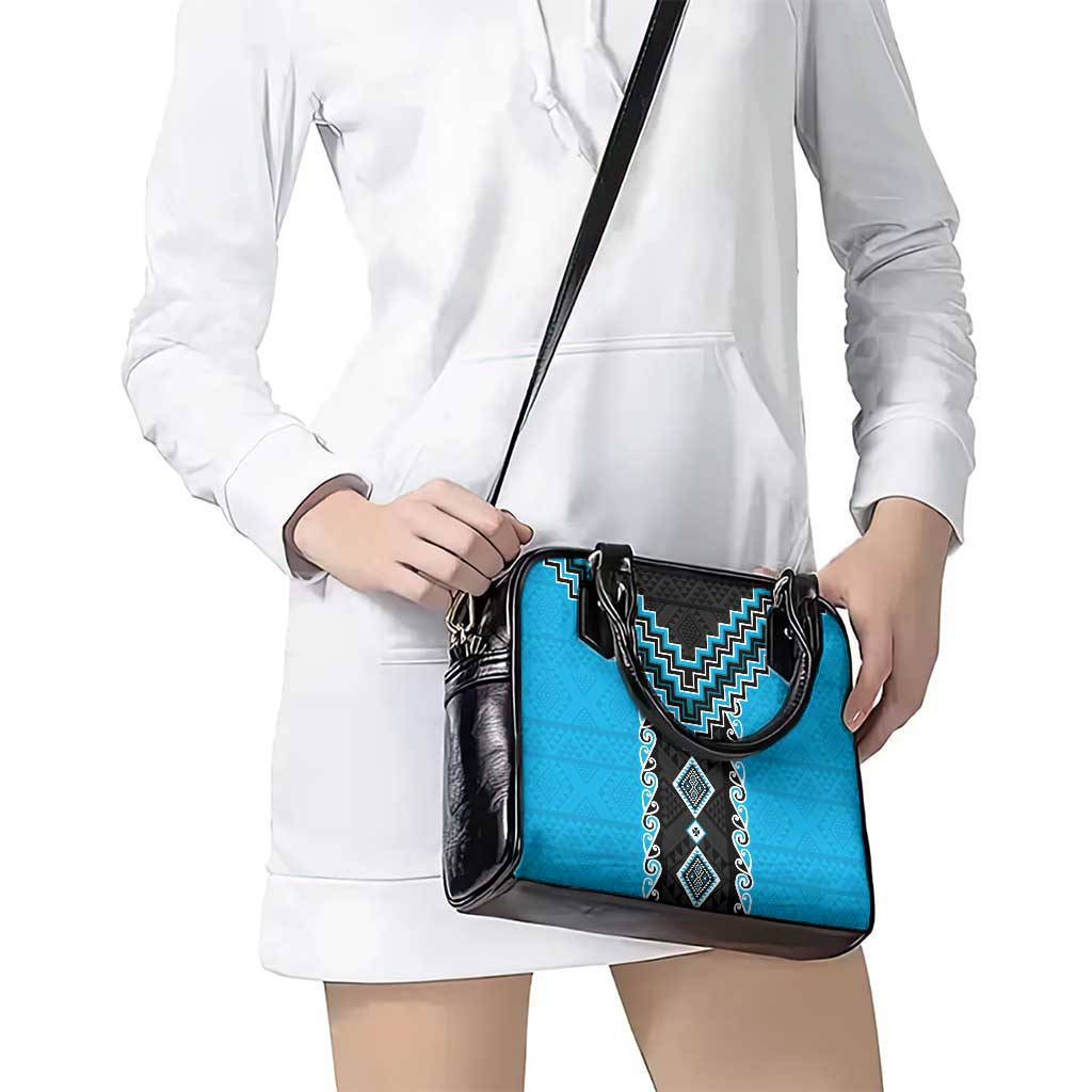 Sky Blue Niho Taniwha Mix Poutama Shoulder Handbag Unique Taniko Aotearoa