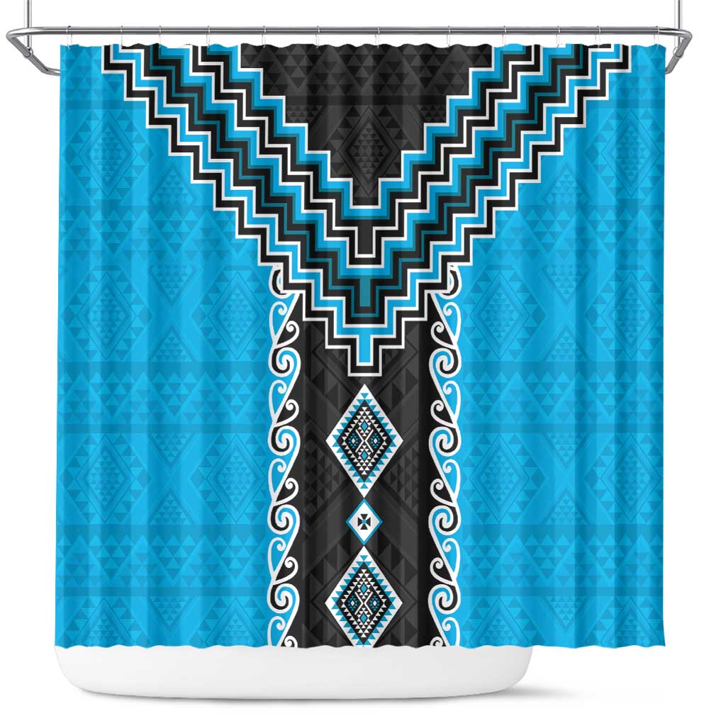 Sky Blue Niho Taniwha Mix Poutama Shower Curtain Unique Taniko Aotearoa