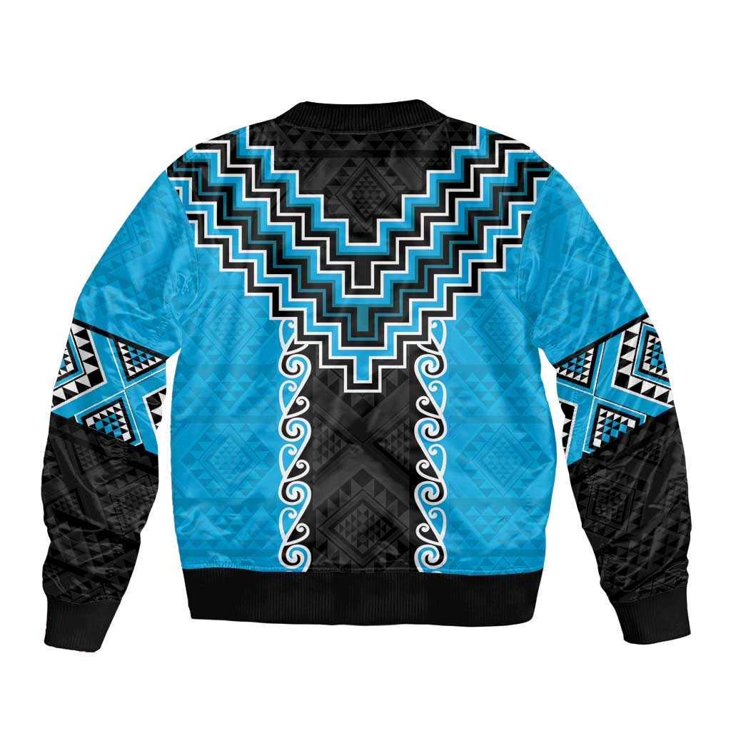 Sky Blue Niho Taniwha Mix Poutama Sleeve Zip Bomber Jacket Unique Taniko Aotearoa