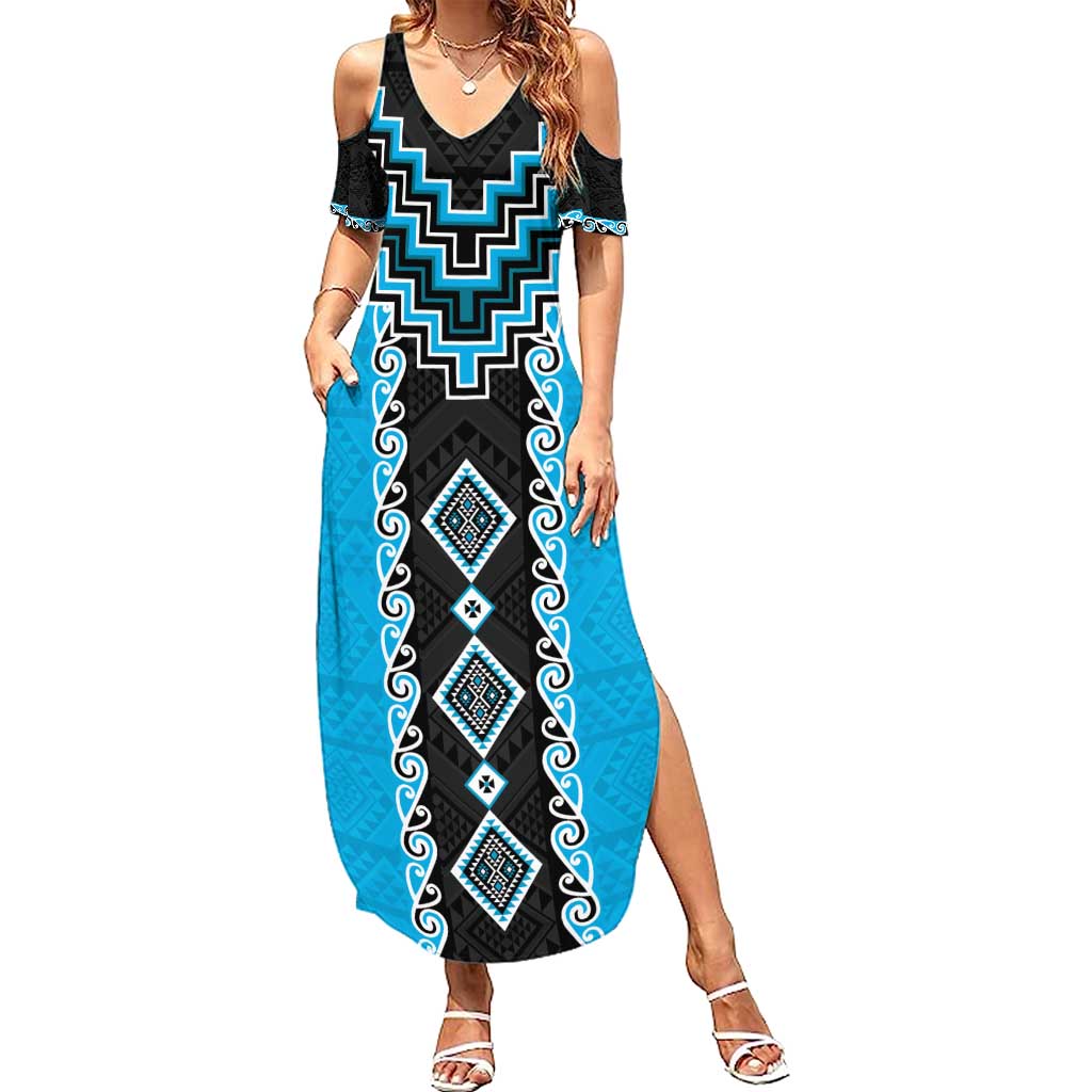 Sky Blue Niho Taniwha Mix Poutama Summer Maxi Dress Unique Taniko Aotearoa