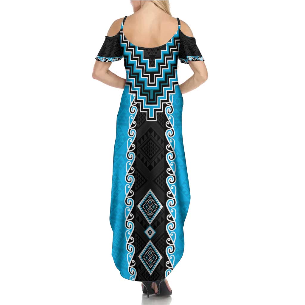 Sky Blue Niho Taniwha Mix Poutama Summer Maxi Dress Unique Taniko Aotearoa LT01 - Polynesian Pride