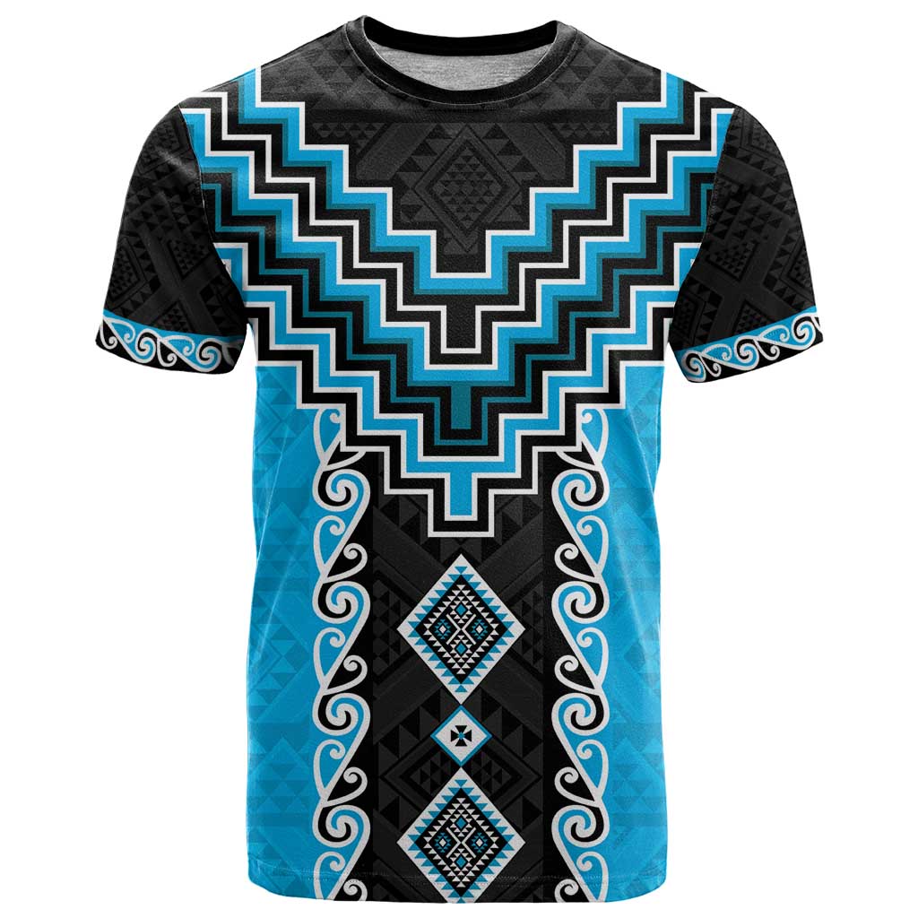 Sky Blue Niho Taniwha Mix Poutama T Shirt Unique Taniko Aotearoa