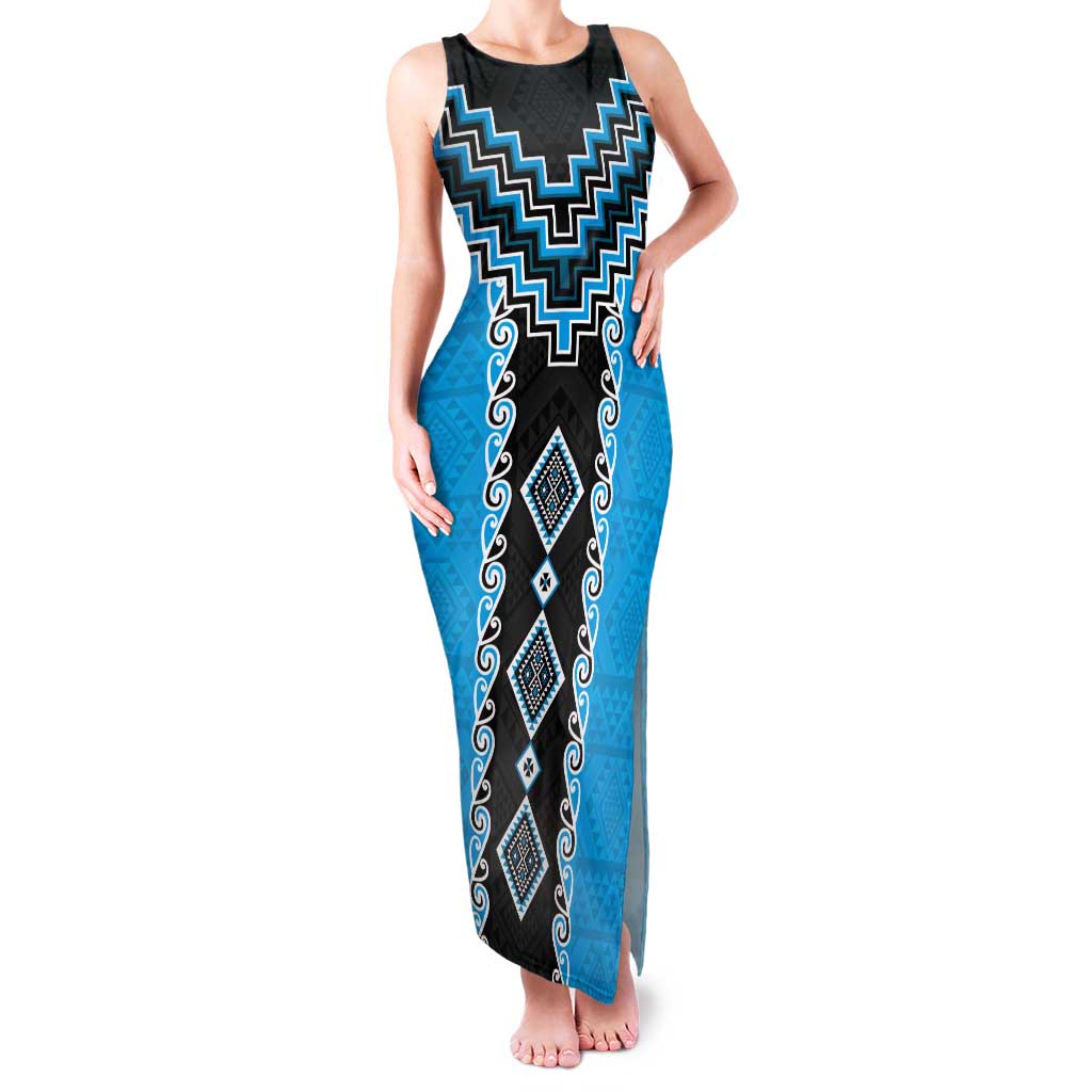 Sky Blue Niho Taniwha Mix Poutama Tank Maxi Dress Unique Taniko Aotearoa