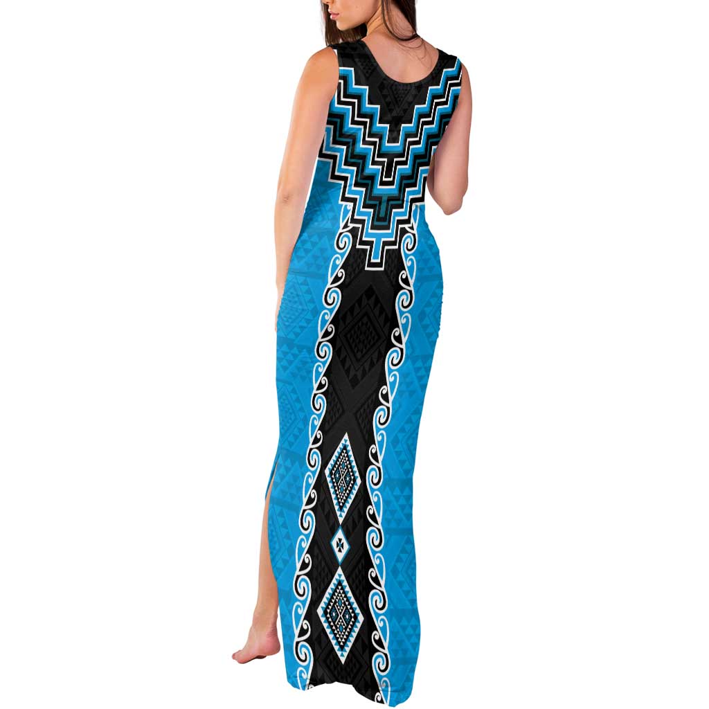 Sky Blue Niho Taniwha Mix Poutama Tank Maxi Dress Unique Taniko Aotearoa LT01 - Polynesian Pride