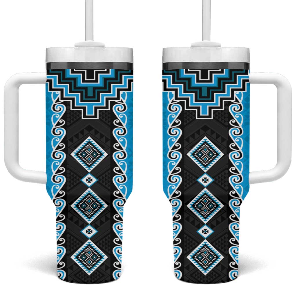 Sky Blue Niho Taniwha Mix Poutama Tumbler With Handle Unique Taniko Aotearoa LT01 One Size: 40 oz Sky Blue - Polynesian Pride