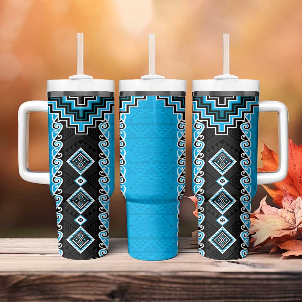 Sky Blue Niho Taniwha Mix Poutama Tumbler With Handle Unique Taniko Aotearoa LT01 - Polynesian Pride
