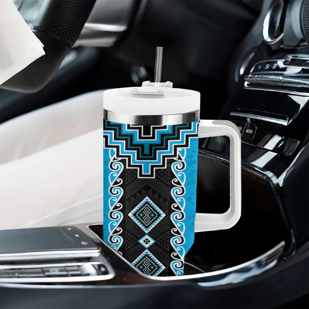 Sky Blue Niho Taniwha Mix Poutama Tumbler With Handle Unique Taniko Aotearoa LT01 - Polynesian Pride