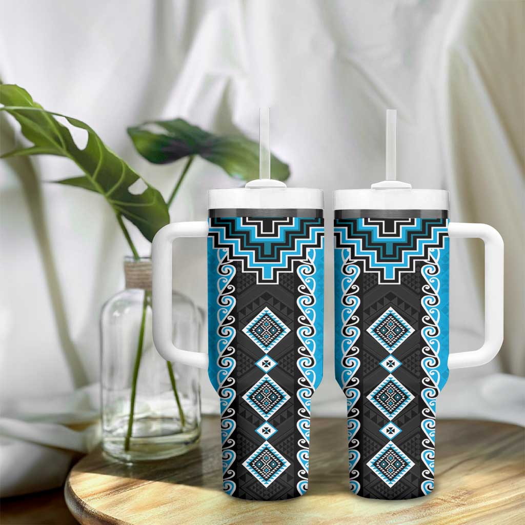 Sky Blue Niho Taniwha Mix Poutama Tumbler With Handle Unique Taniko Aotearoa LT01 - Polynesian Pride