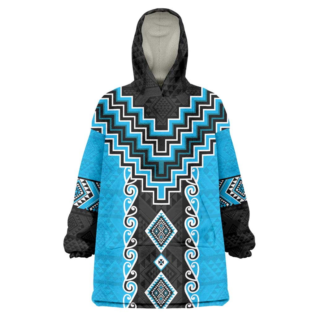 Sky Blue Niho Taniwha Mix Poutama Wearable Blanket Hoodie Unique Taniko Aotearoa LT01 One Size Sky Blue - Polynesian Pride