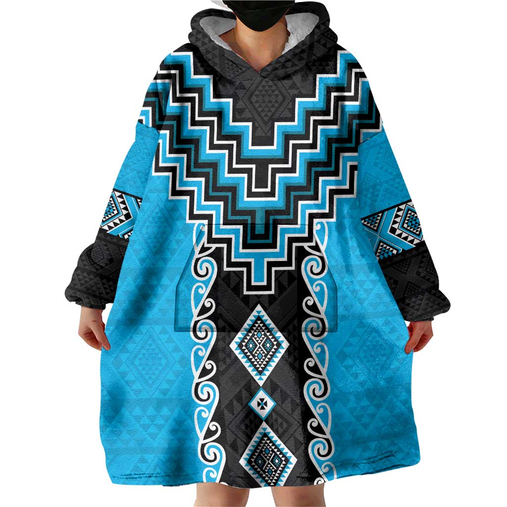 Sky Blue Niho Taniwha Mix Poutama Wearable Blanket Hoodie Unique Taniko Aotearoa LT01 - Polynesian Pride