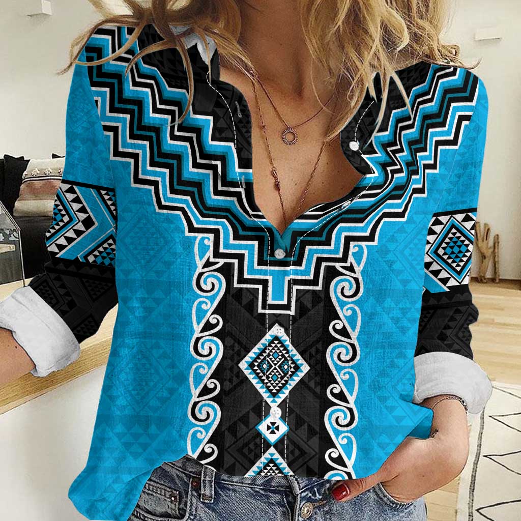 Sky Blue Niho Taniwha Mix Poutama Women Casual Shirt Unique Taniko Aotearoa