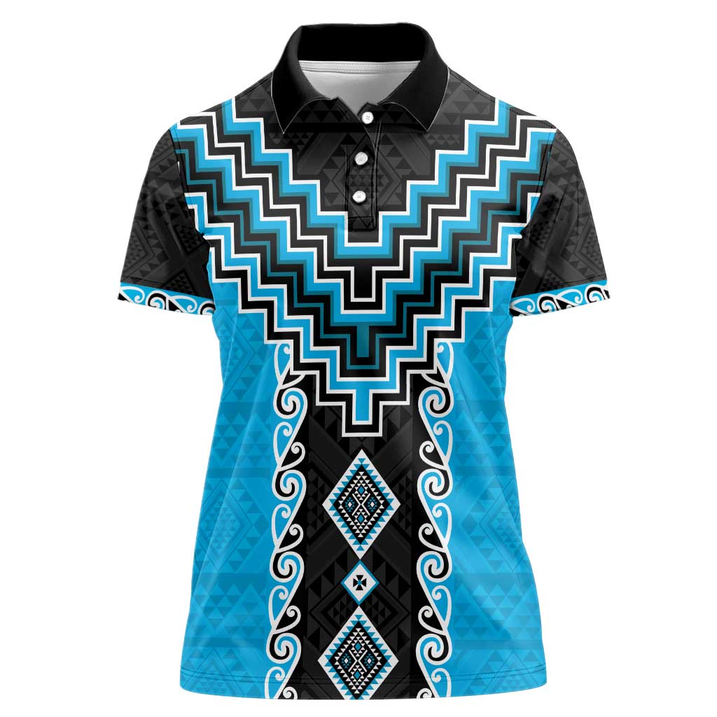 Sky Blue Niho Taniwha Mix Poutama Women Polo Shirt Unique Taniko Aotearoa