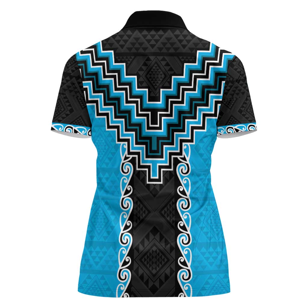 Sky Blue Niho Taniwha Mix Poutama Women Polo Shirt Unique Taniko Aotearoa