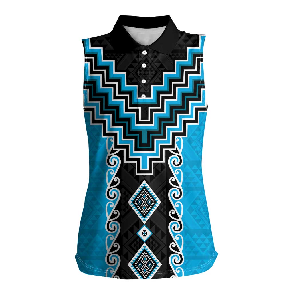 Sky Blue Niho Taniwha Mix Poutama Women Sleeveless Polo Shirt Unique Taniko Aotearoa