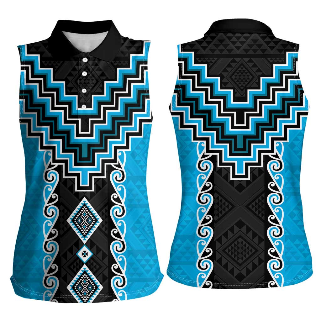 Sky Blue Niho Taniwha Mix Poutama Women Sleeveless Polo Shirt Unique Taniko Aotearoa