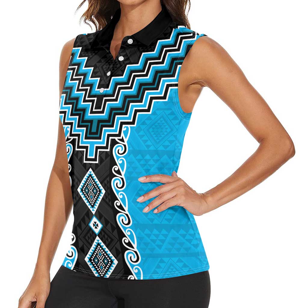 Sky Blue Niho Taniwha Mix Poutama Women Sleeveless Polo Shirt Unique Taniko Aotearoa