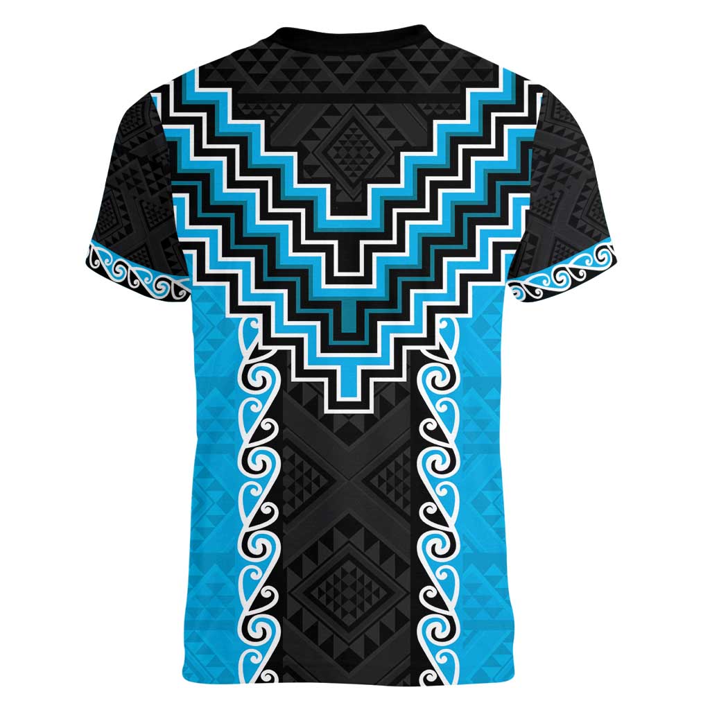 Sky Blue Niho Taniwha Mix Poutama Women V-Neck T-Shirt Unique Taniko Aotearoa LT01 - Polynesian Pride