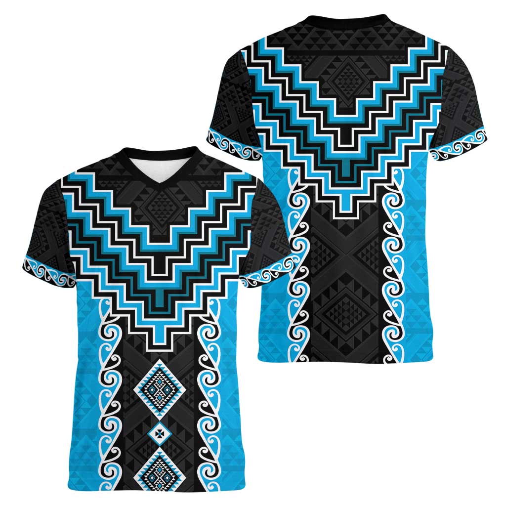 Sky Blue Niho Taniwha Mix Poutama Women V-Neck T-Shirt Unique Taniko Aotearoa LT01 - Polynesian Pride