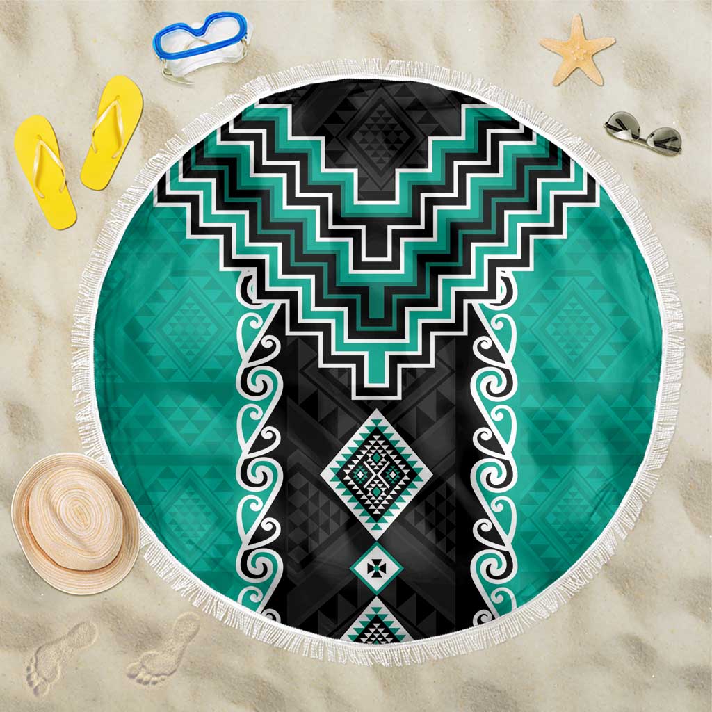 Teal Niho Taniwha Mix Poutama Beach Blanket Unique Taniko Aotearoa