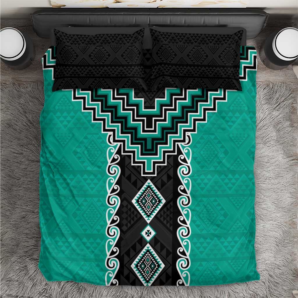 Teal Niho Taniwha Mix Poutama Bedding Set Unique Taniko Aotearoa