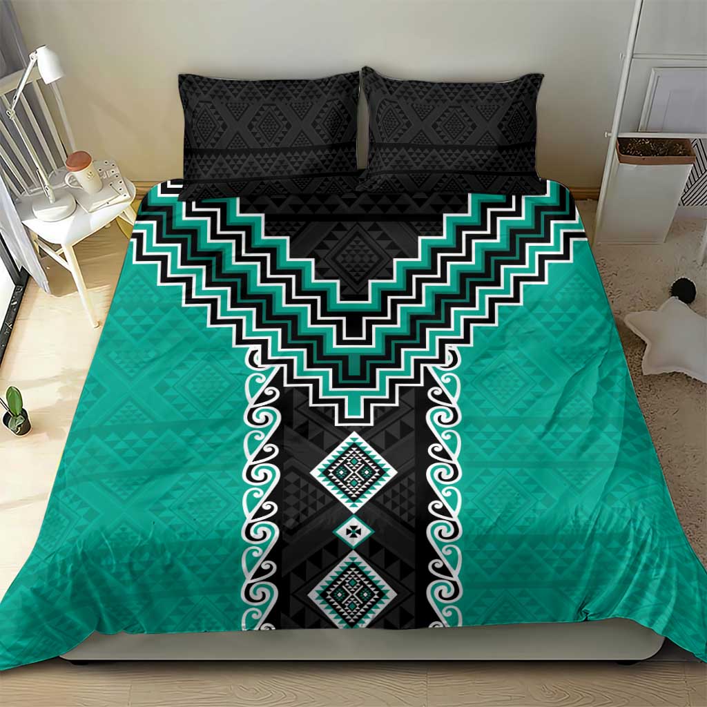 Teal Niho Taniwha Mix Poutama Bedding Set Unique Taniko Aotearoa