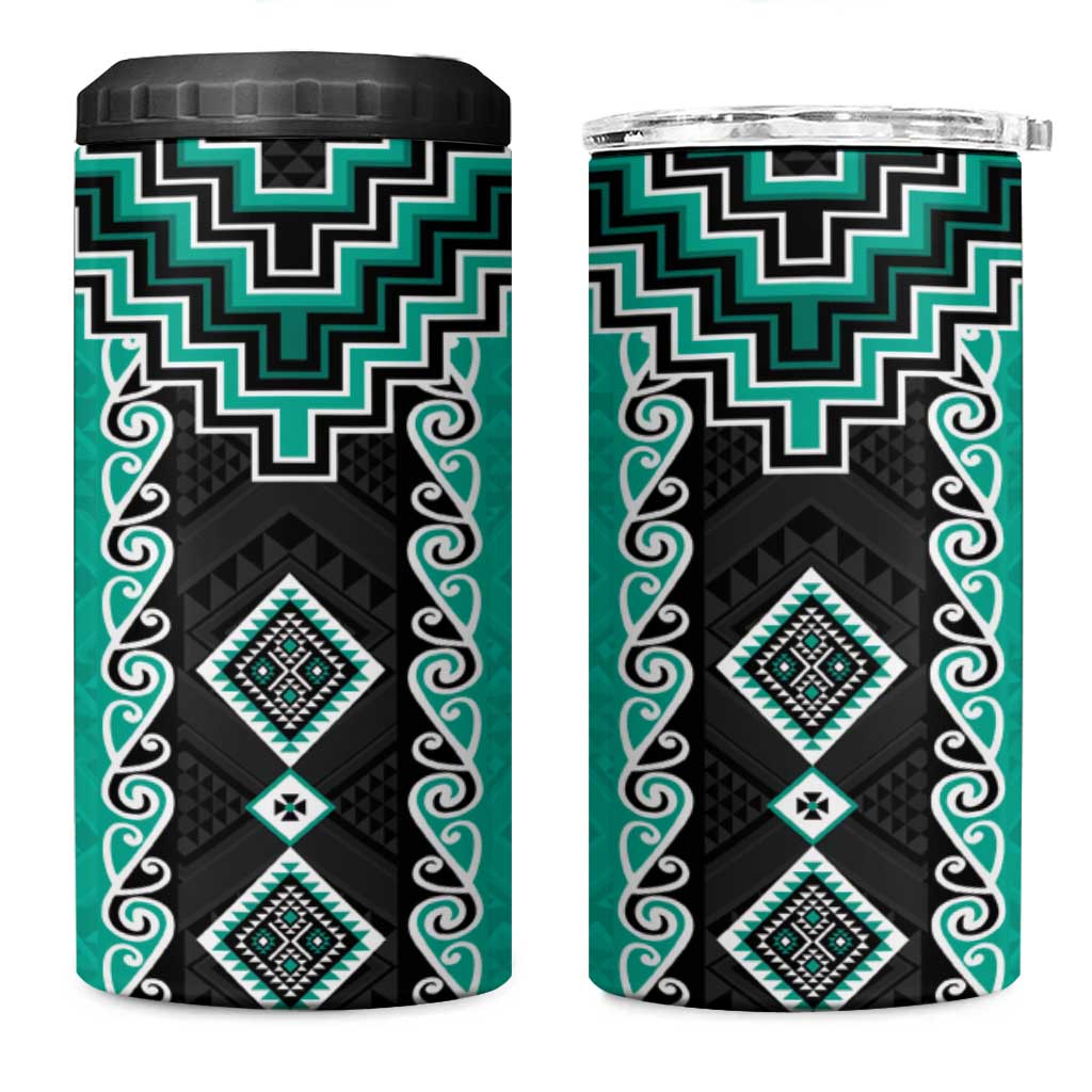Teal Niho Taniwha Mix Poutama 4 in 1 Can Cooler Tumbler Unique Taniko Aotearoa LT01 One Size: 16 oz Teal - Polynesian Pride