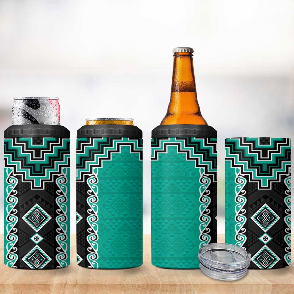 Teal Niho Taniwha Mix Poutama 4 in 1 Can Cooler Tumbler Unique Taniko Aotearoa LT01 - Polynesian Pride