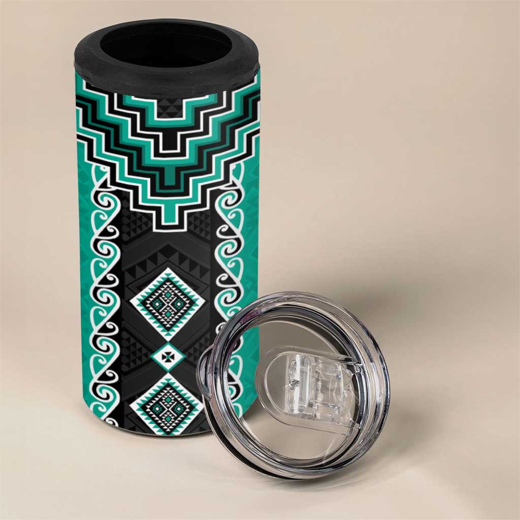 Teal Niho Taniwha Mix Poutama 4 in 1 Can Cooler Tumbler Unique Taniko Aotearoa LT01 - Polynesian Pride