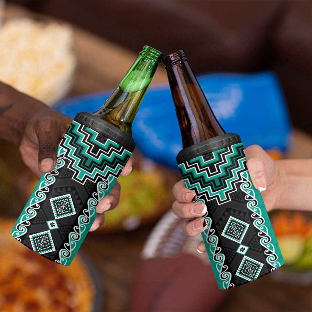Teal Niho Taniwha Mix Poutama 4 in 1 Can Cooler Tumbler Unique Taniko Aotearoa LT01 - Polynesian Pride