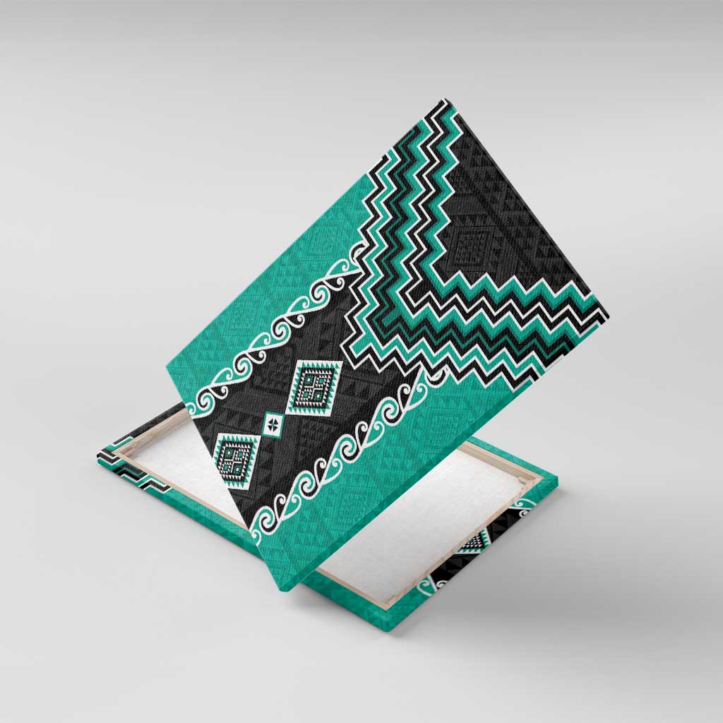 Teal Niho Taniwha Mix Poutama Canvas Wall Art Unique Taniko Aotearoa LT01 With Frame Teal - Polynesian Pride