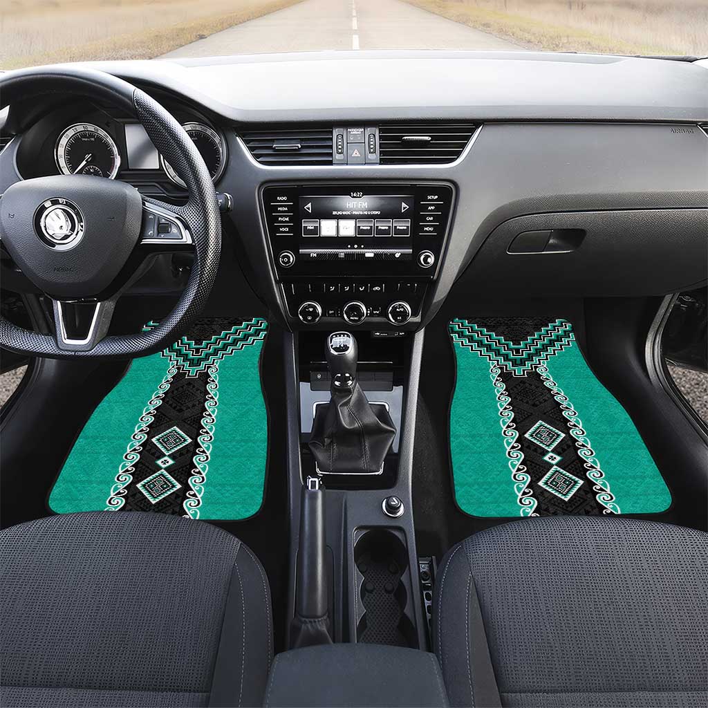 Teal Niho Taniwha Mix Poutama Car Mats Unique Taniko Aotearoa LT01 Set 2pcs - Front Teal - Polynesian Pride