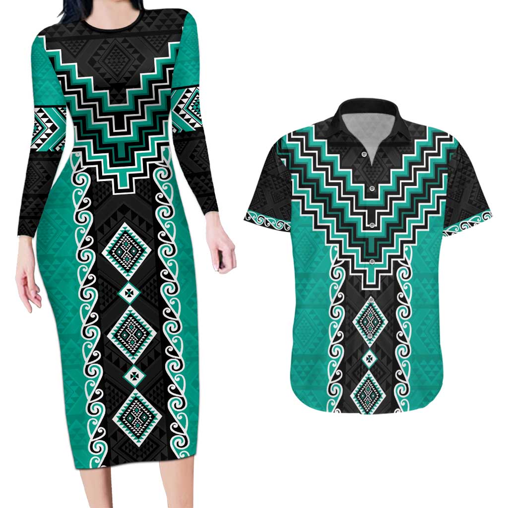 Teal Niho Taniwha Mix Poutama Couples Matching Long Sleeve Bodycon Dress and Hawaiian Shirt Unique Taniko Aotearoa
