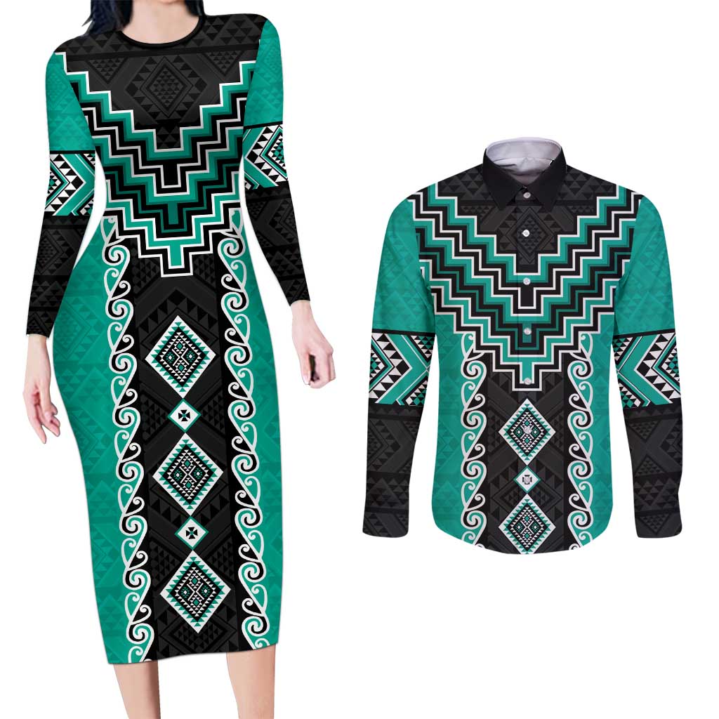 Teal Niho Taniwha Mix Poutama Couples Matching Long Sleeve Bodycon Dress and Long Sleeve Button Shirt Unique Taniko Aotearoa