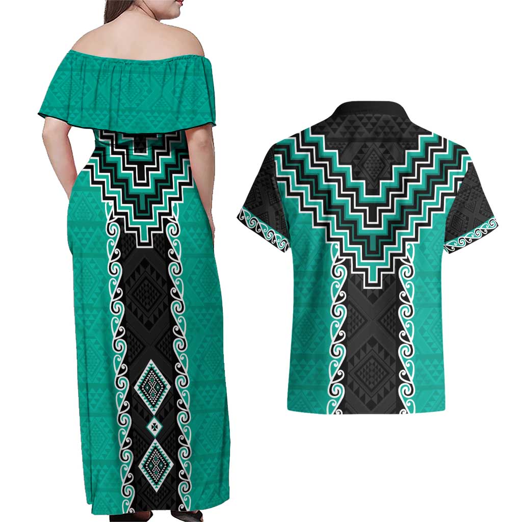 Teal Niho Taniwha Mix Poutama Couples Matching Off Shoulder Maxi Dress and Hawaiian Shirt Unique Taniko Aotearoa LT01 - Polynesian Pride