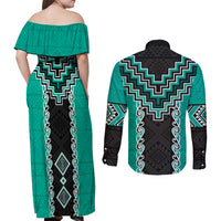Teal Niho Taniwha Mix Poutama Couples Matching Off Shoulder Maxi Dress and Long Sleeve Button Shirt Unique Taniko Aotearoa