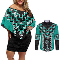 Teal Niho Taniwha Mix Poutama Couples Matching Off Shoulder Short Dress and Long Sleeve Button Shirt Unique Taniko Aotearoa LT01 Teal - Polynesian Pride