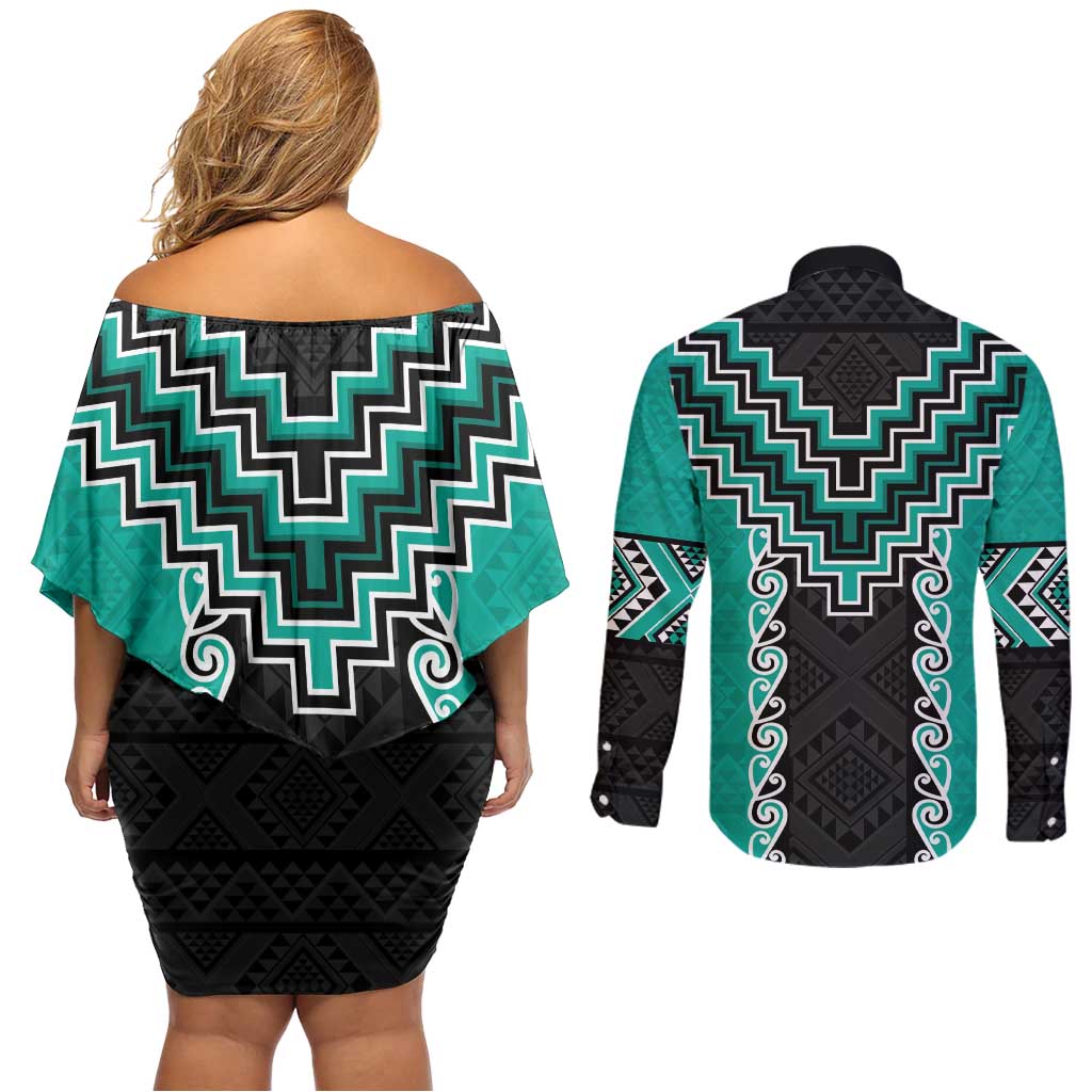 Teal Niho Taniwha Mix Poutama Couples Matching Off Shoulder Short Dress and Long Sleeve Button Shirt Unique Taniko Aotearoa LT01 - Polynesian Pride