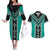 Teal Niho Taniwha Mix Poutama Couples Matching Off The Shoulder Long Sleeve Dress and Hawaiian Shirt Unique Taniko Aotearoa